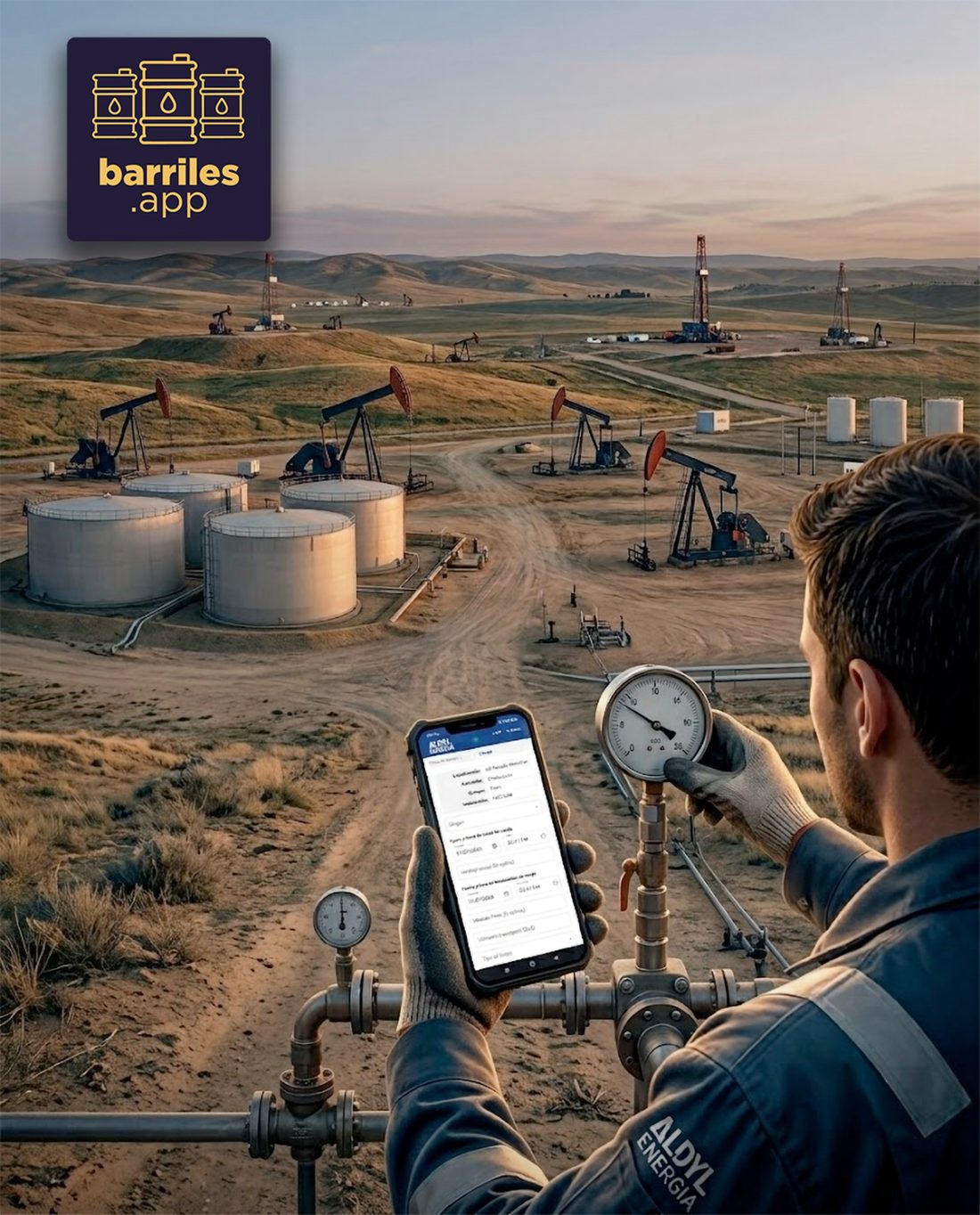 Operario de campo registrando datos en la app de Barriles.ai junto a un pozo