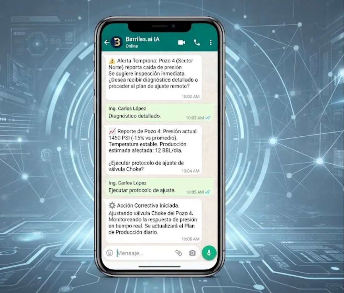 Chat de IA Operativa de Barriles.ai en un teléfono móvil